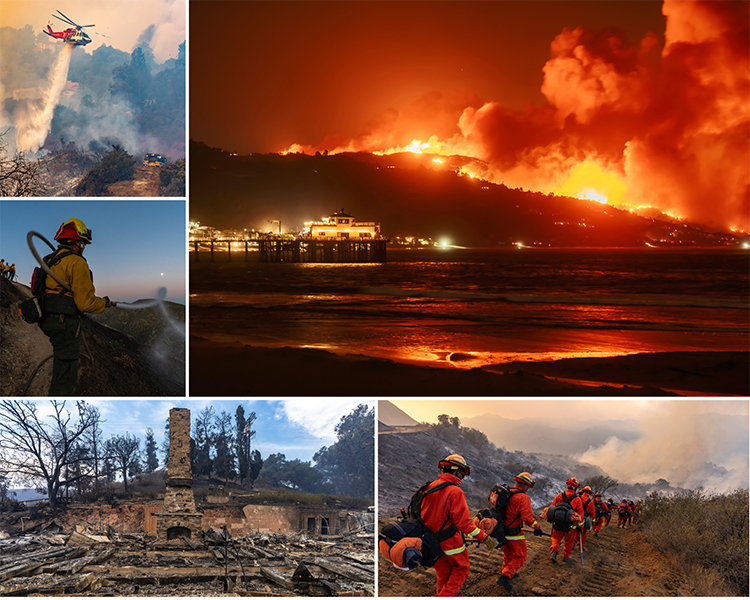 Images of firefighting efforts during the LA firestorm in January 2025. Bottom left: Will Rogers&rsquo; former home was severely damaged during the Palisades Fire. Photos from California State Parks.